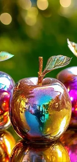 Vibrant metallic apples reflecting light.
