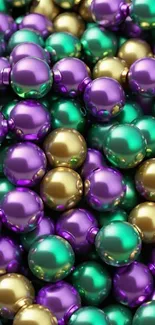 Vibrant purple, green, and gold beads tightly packed.