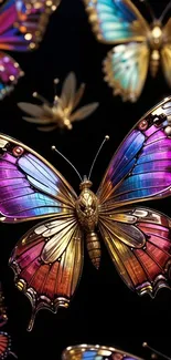 Vibrant metallic butterflies with colorful wings.