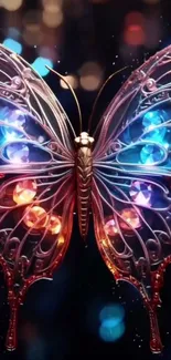 Vibrant metallic butterfly with neon lights on a dark background.