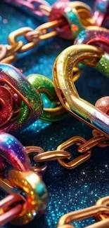 Colorful metallic chains on a sparkling blue background