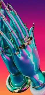 Futuristic metallic hands on vivid gradient background.