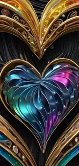 Colorful metallic heart with gold ornate design in 3D texture.