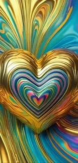 Vibrant metallic heart on colorful swirl background.