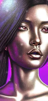 Metallic female portrait on vibrant magenta background, modern art wallpaper.