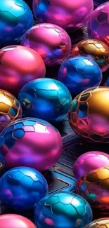 Colorful metallic spheres in vibrant pink, blue, and gold hues.