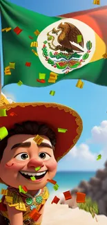 Animated child with Mexican flag and festive colors.