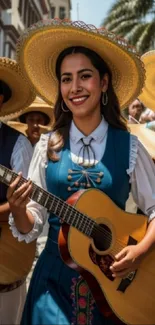 Vibrant Mexican musicians in traditional attire playing guitars.