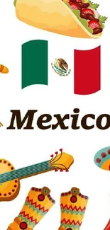 Mexican-themed wallpaper with cultural elements like tacos and flags.