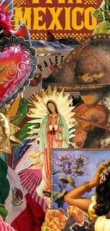 Vibrant Mexican cultural elements collage in an artistic wallpaper design.