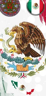 Mexican eagle emblem with flag colors on wallpaper.