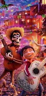 Colorful animated Mexican festival scene with vibrant characters and guitars.