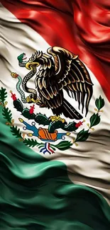 Mexican flag with emblem, vibrant colors and eagle design.