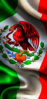 Mexican flag waving with eagle emblem.