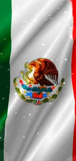 Mexican flag with green, white, and red stripes and national emblem.