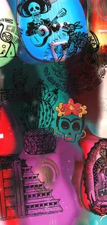 Colorful Mexican guitar art wallpaper with cultural motifs.