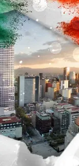 Dynamic Mexico City skyline with Mexican flag colors.