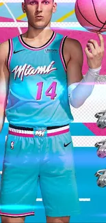 Basketball player in bright Miami uniform with pink ball on colorful court.