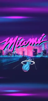 Vibrant Miami nightscape with neon lights.