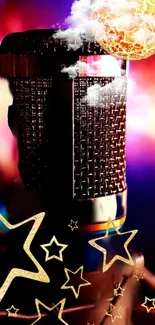 Vibrant microphone art with stars and cosmic theme on a mobile wallpaper.