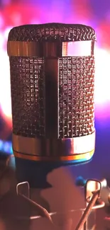 Close-up of a vibrant microphone in colorful lighting.