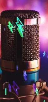 Colorful microphone with vibrant lightning effects.