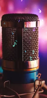 Colorful microphone with musical notes wallpaper.