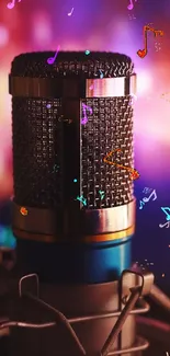 Microphone with colorful music notes floating around.