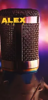 Vibrant microphone with neon pink and purple backdrop.