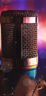 Close-up of a dynamic microphone with colorful bokeh lights in the background.