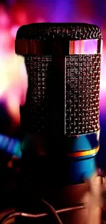 Vibrant microphone with colorful lights background wallpaper.