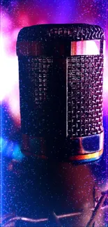 Vibrant neon-lit microphone with starry effects on a mobile wallpaper.