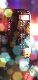 Colorful bokeh and microphone wallpaper art with vibrant lights.