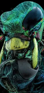 Detailed, colorful microscopic view of an insect with vibrant teal hues.