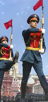 Soldiers Marching in Colorful Parade with Historic Buildings