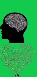 Silhouette with colorful spiral brain and heart on green background.