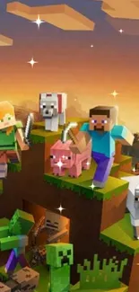 Minecraft characters atop a vibrant, blocky hill landscape.