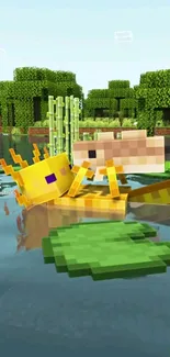 Minecraft themed wallpaper with a yellow creature on a lake.