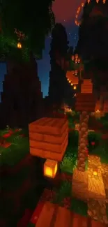 Minecraft-themed night scene wallpaper with glowing lanterns.