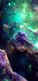 Vibrant abstract mineral wallpaper with green and purple hues.
