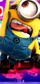 Playful Minion character on a colorful background wallpaper.