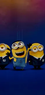 Three happy Minions on a blue background.