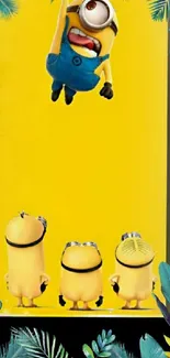 Minions on a bright yellow background with tropical elements.