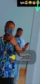 Stylish mirror selfie with vibrant blue outfits and DanDizzy track playing.