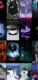 Vibrant mobile wallpaper featuring a mix of animals, cars, and cosmic designs.