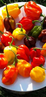 Vibrant peppers on a white plate with colorful hues of red, yellow, green, and brown.