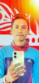 Colorful selfie on vibrant red background with phone.