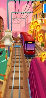 Colorful subway game wallpaper with trains and coins.