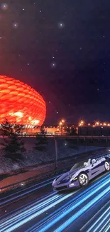 Night scene with stadium, car, and light trails.