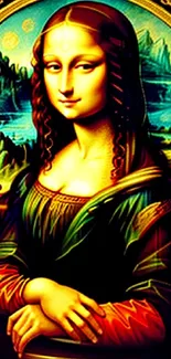 Colorful digital Mona Lisa art with vibrant gold frame.